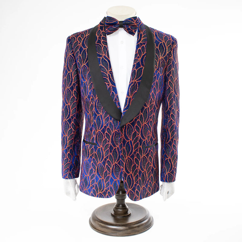 Blue and Red Leaf Patterned Dinner Jacket
