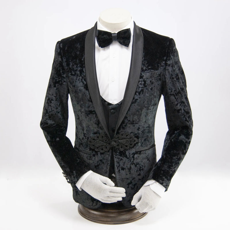 Black Velvet 3-Piece Slim-Fit Tuxedo with Frog Closure