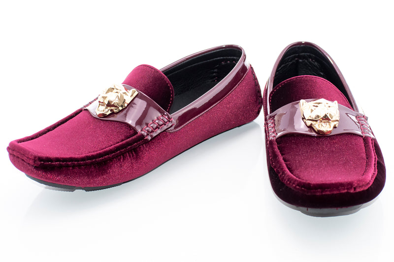 Burgundy Velvet Driver Loafer with Gold Lion Medallion