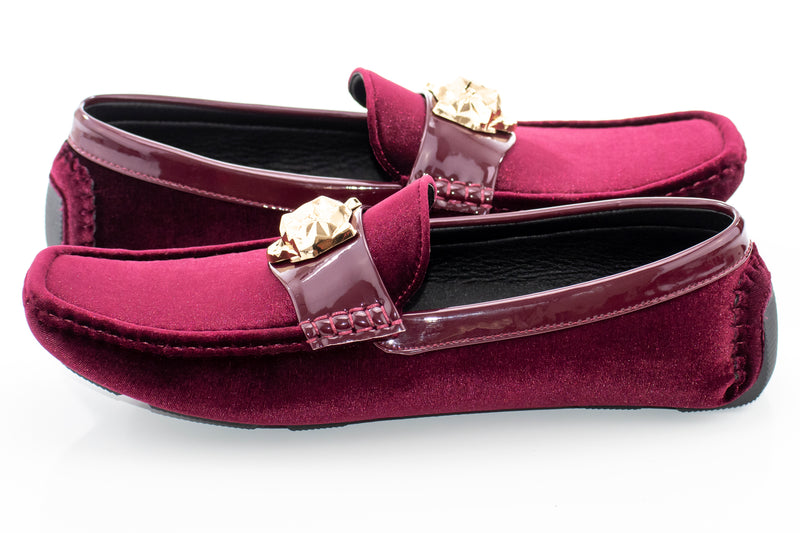 Burgundy Velvet Driver Loafer with Gold Lion Medallion