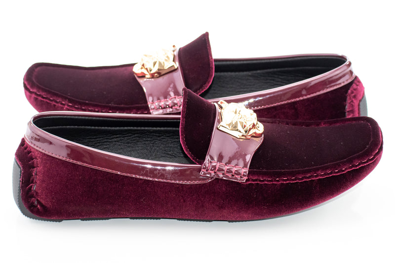 Burgundy Velvet Driver Loafer with Gold Lion Medallion