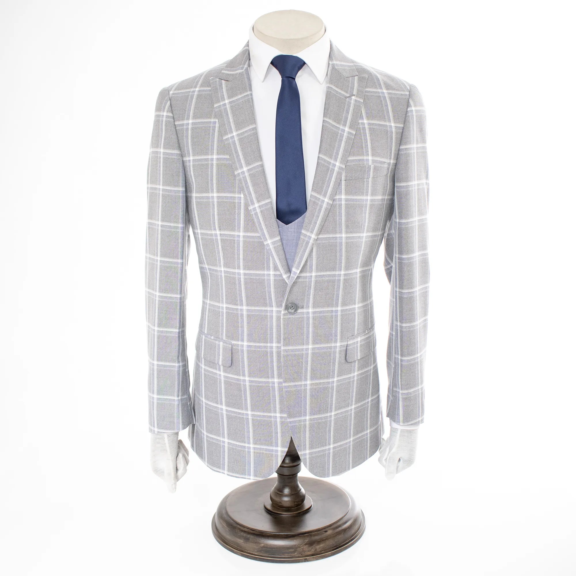 Light Gray And Light Blue Plaid Slim-Fit 3-Piece Suit