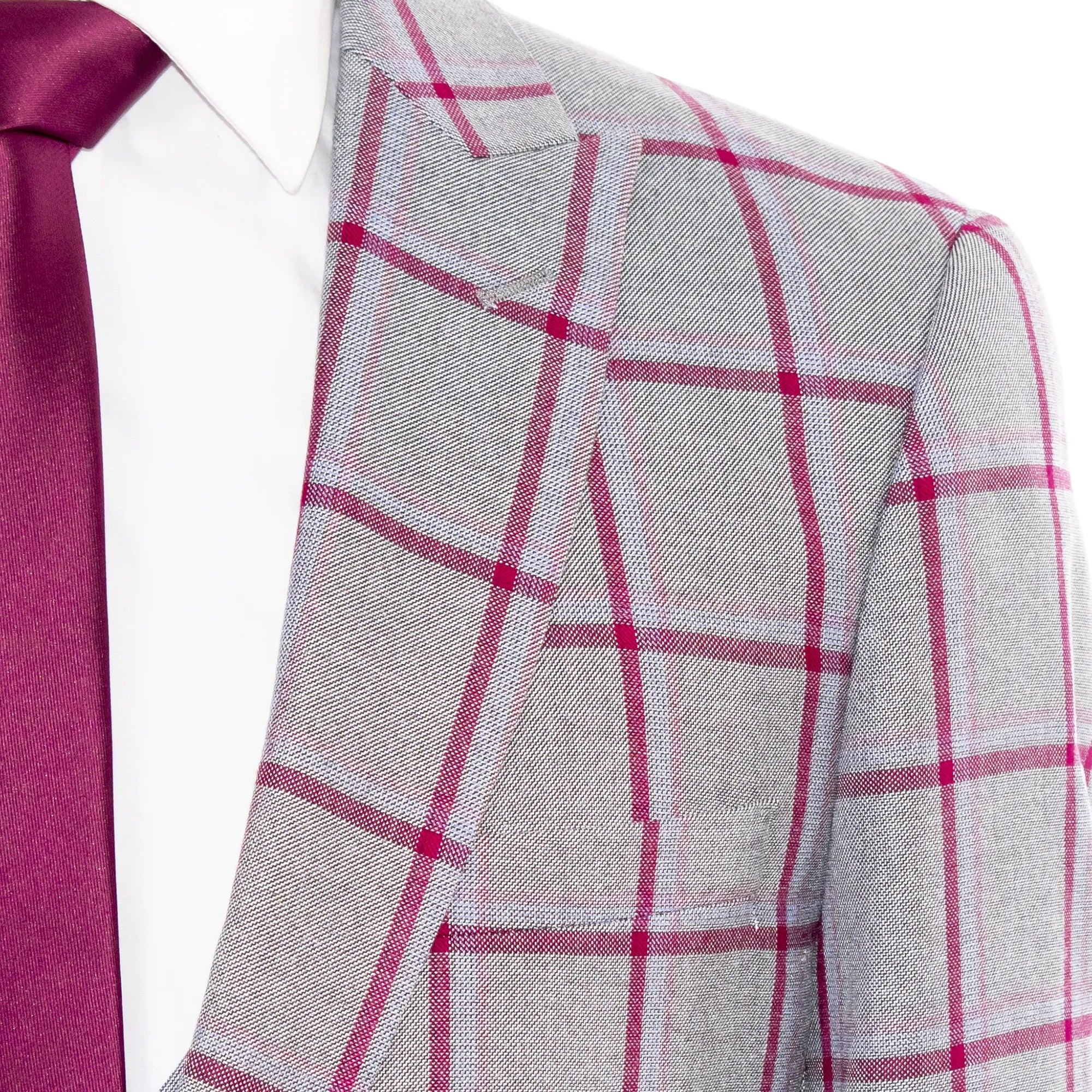 Gray And Fuchsia Plaid 3-Piece Slim-Fit Suit