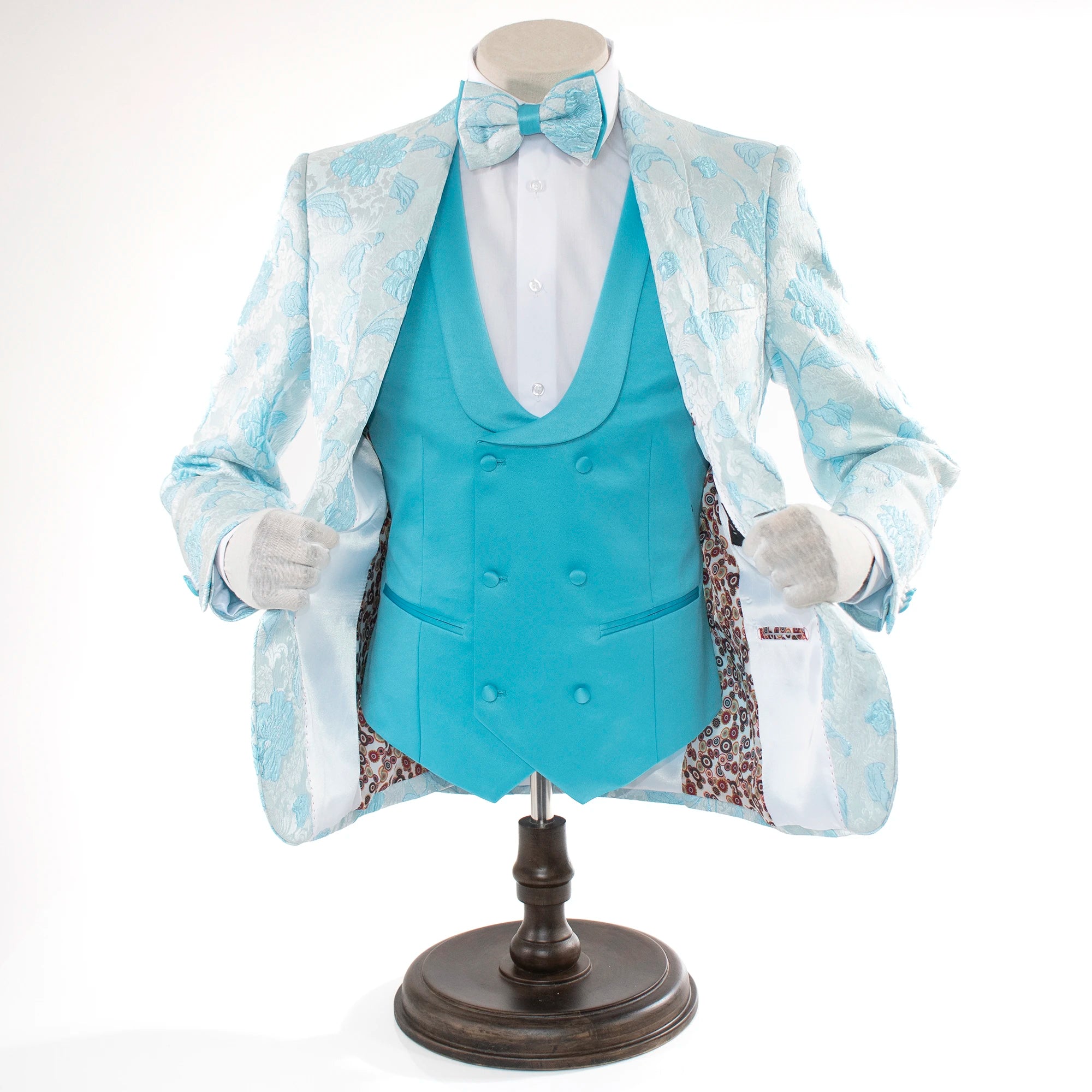 Men's Sky Blue Floral Motif 3-Piece Slim-Fit Suit