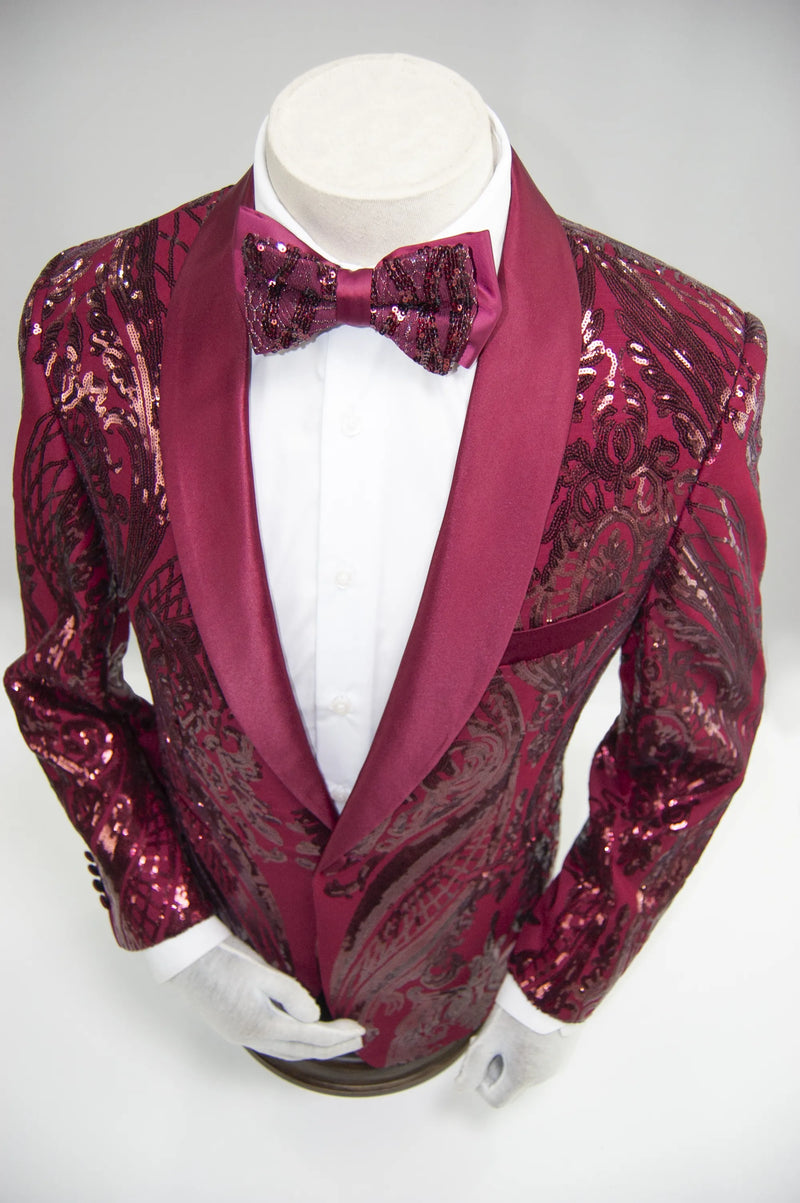 Burgundy Pattern Sequined Slim-Fit Dinner Jacket