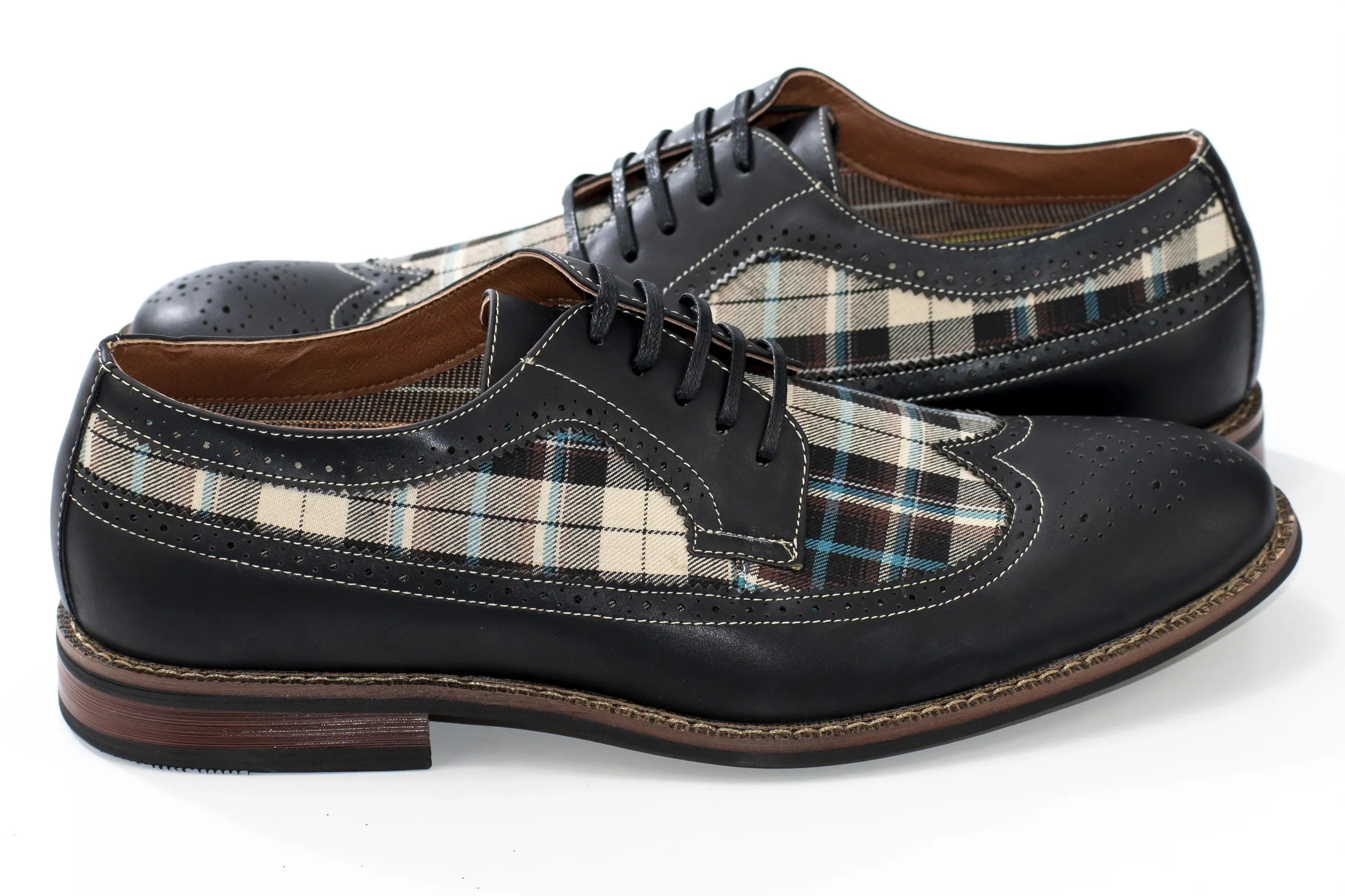 Black Classic Plaid Brogue Lace-Up Wingtip