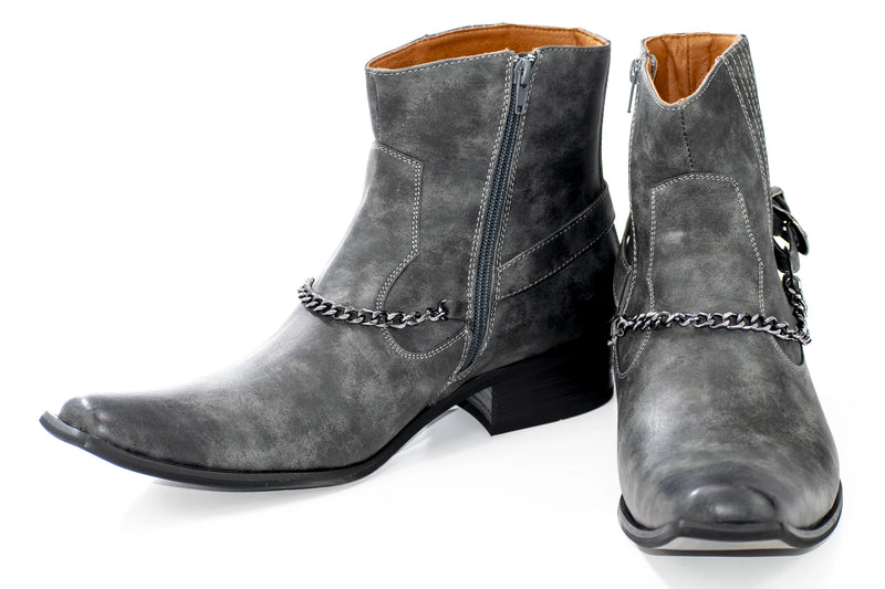 Charcoal Buckled Western Style Boot with Chain