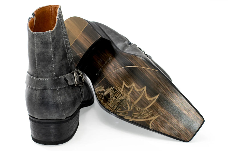 Charcoal Buckled Western Style Boot with Chain