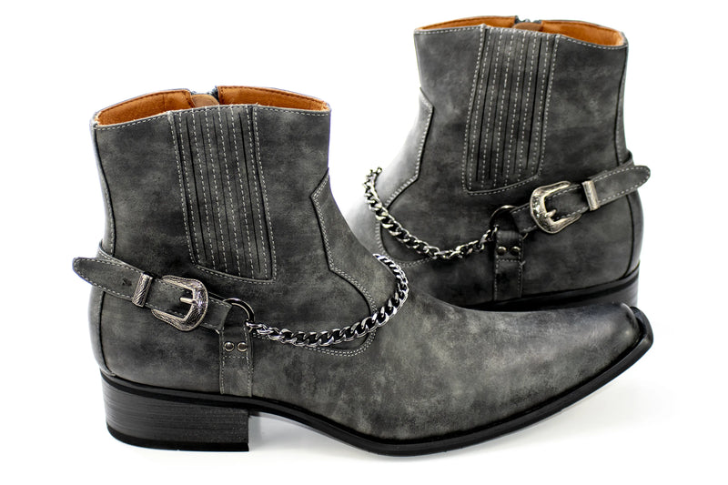 Charcoal Buckled Western Style Boot with Chain