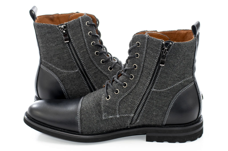 Black Duo-Textured Lace-Up Zip Boot