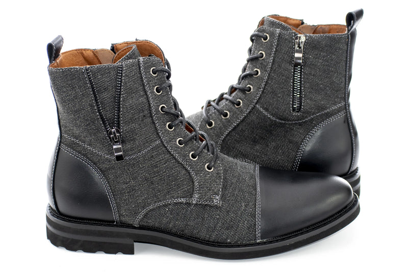 Black Duo-Textured Lace-Up Zip Boot
