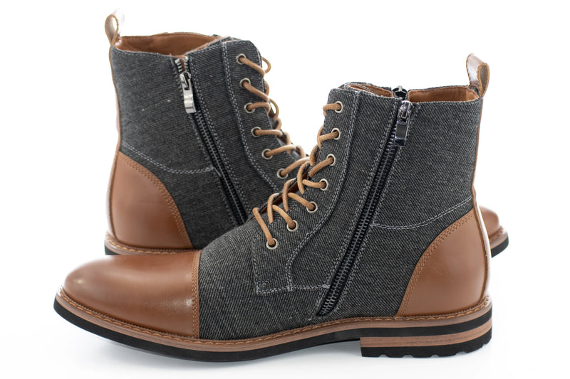 Cognac Duo-Textured Lace-Up Zip Boot