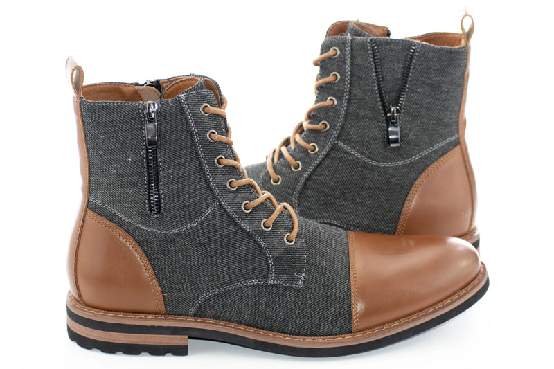 Cognac Duo-Textured Lace-Up Zip Boot