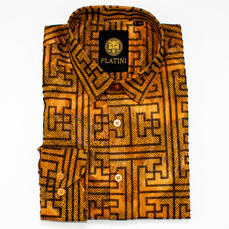 Mustard Satin Grecian Slim-Fit Dress Shirt