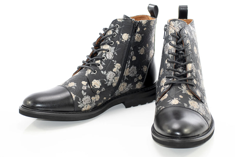 Black Floral Duo-Textured Lace-Up Zip Boot