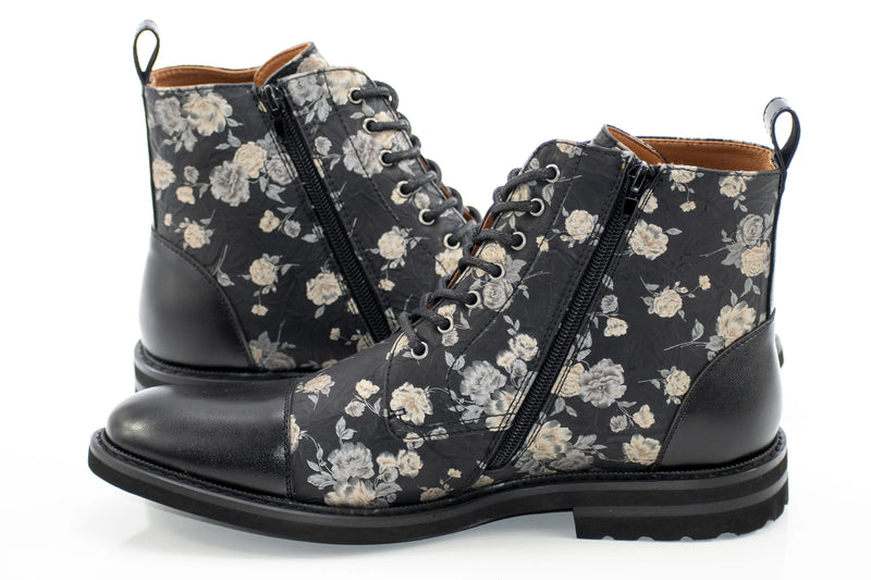 Black Floral Duo-Textured Lace-Up Zip Boot