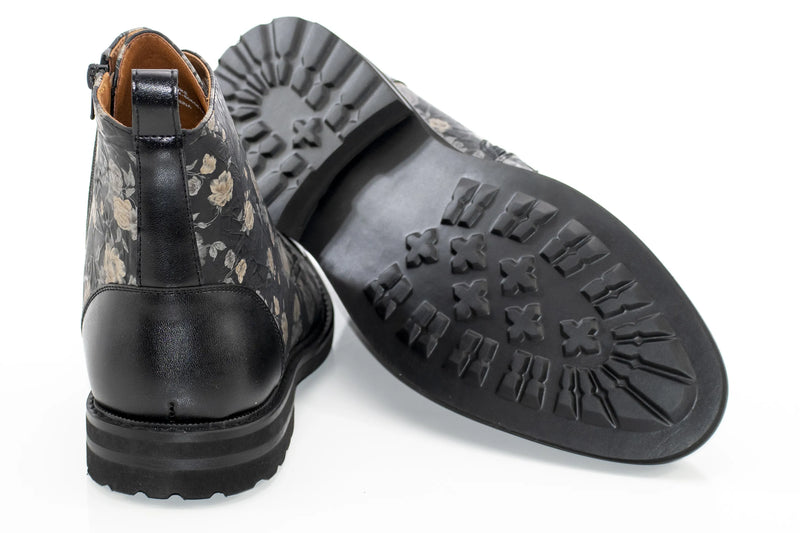 Black Floral Duo-Textured Lace-Up Zip Boot