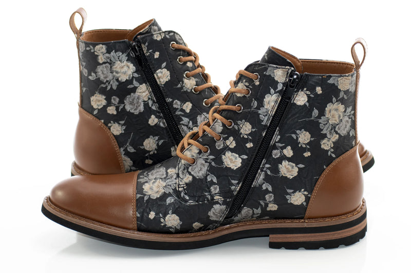 Brown Floral Duo-Textured Lace-Up Zip Boot
