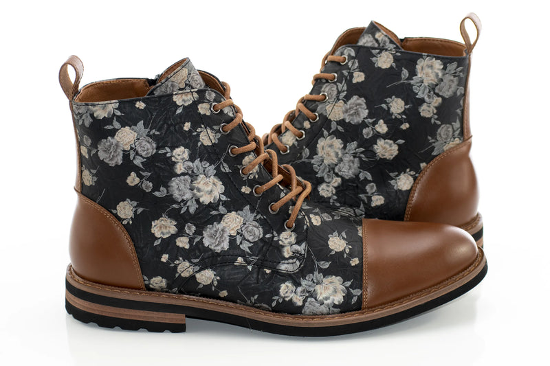 Brown Floral Duo-Textured Lace-Up Zip Boot