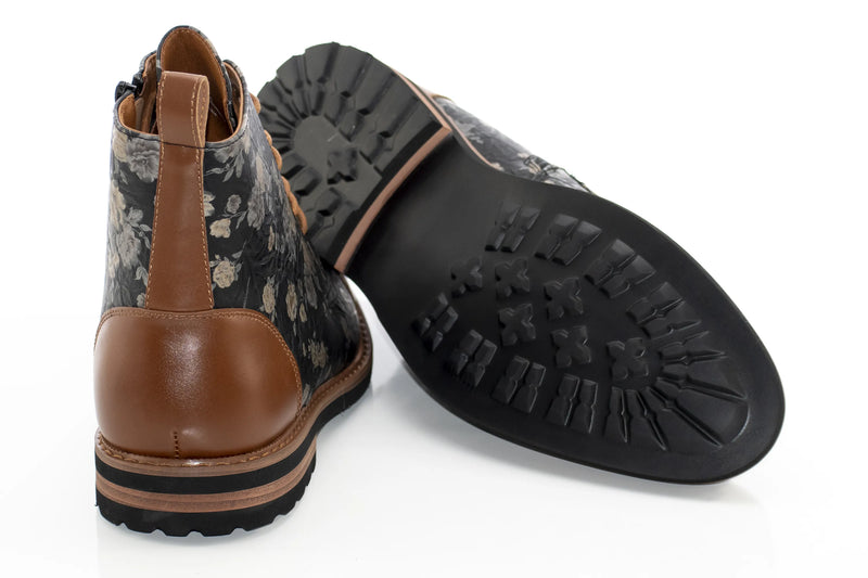 Brown Floral Duo-Textured Lace-Up Zip Boot