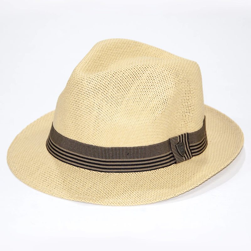 Natural Fedora with Striped Ribbon Band