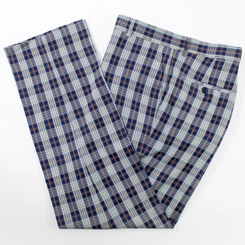 Navy and Light Blue Plaid Slim-Fit Designer Pants