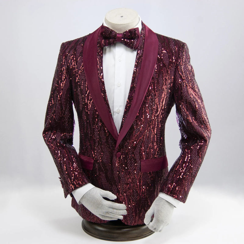 Wine Sequined Slim-Fit Dinner Jacket
