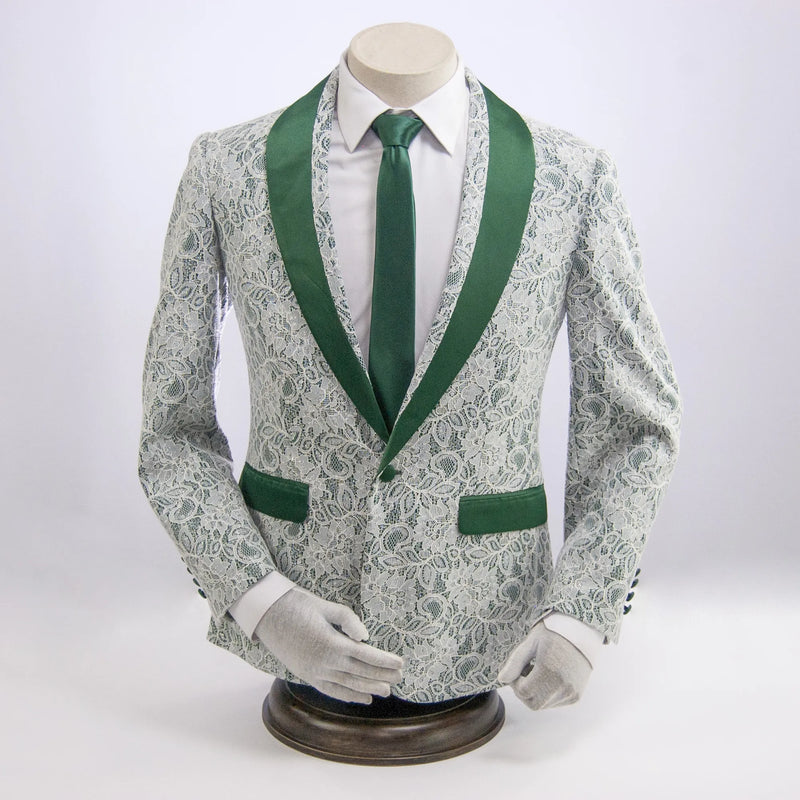 Green and White Lace Slim-Fit Dinner Jacket
