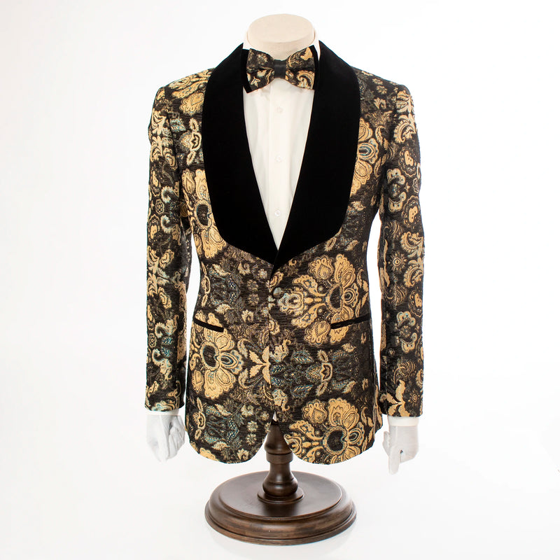Black Detailed Floral Regular-Fit Jacket With Shawl Lapels