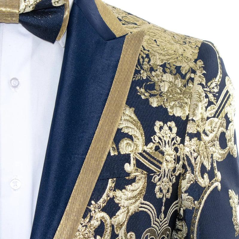 Navy and Gold Woven Jacobean Slim-Fit Dinner Jacket