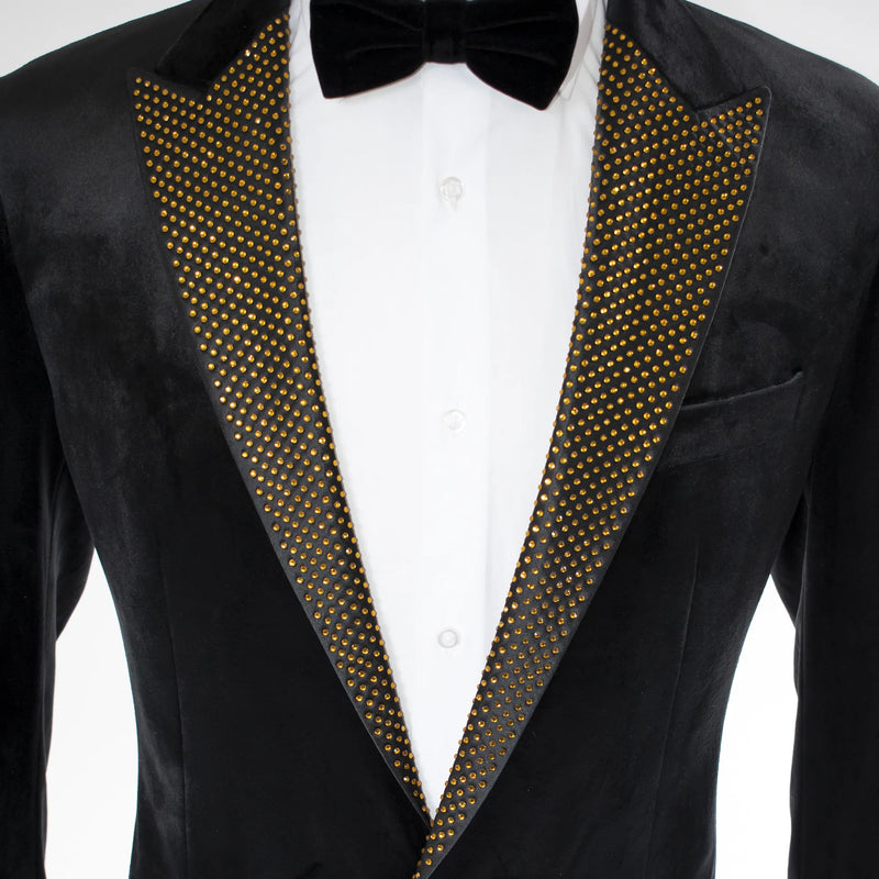 Black Velvet Dinner Jacket with Gold Rhinestone Lapels