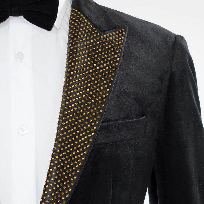 Black Velvet Dinner Jacket with Gold Rhinestone Lapels