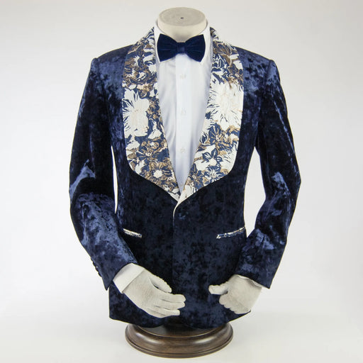 Navy Velvet Patterned Shawl Lapel Dinner Jacket
