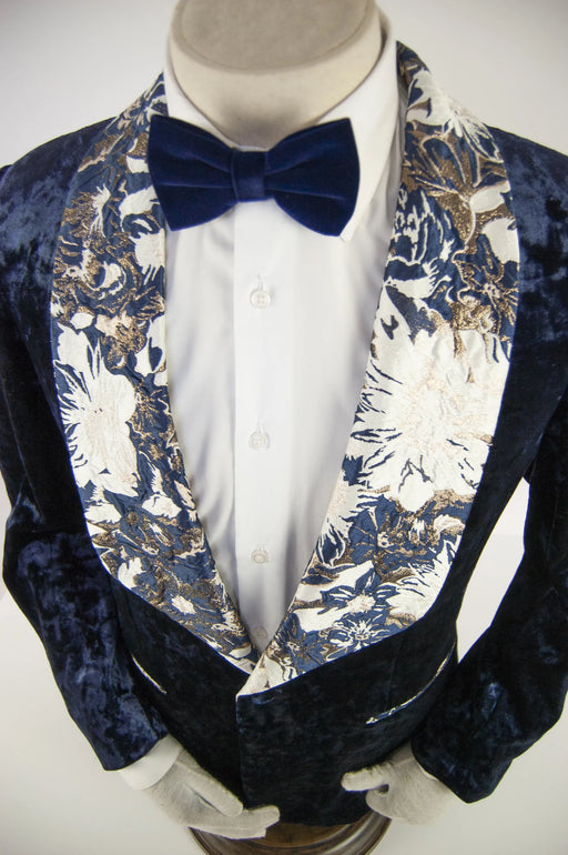 Navy Velvet Patterned Shawl Lapel Dinner Jacket