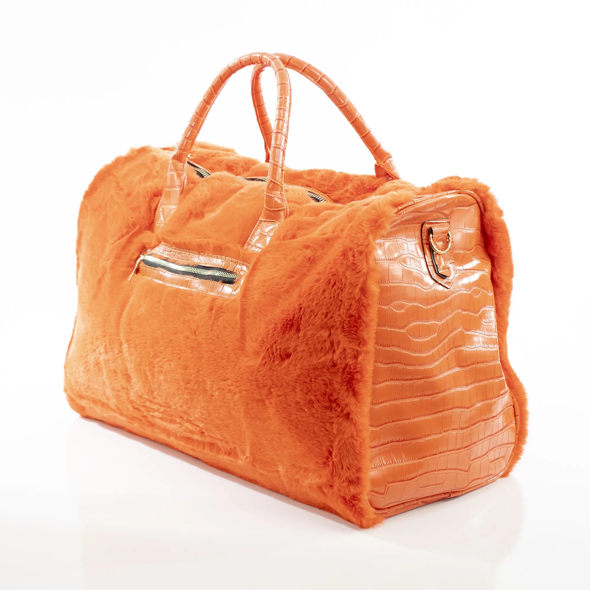 Orange Faux Furr Travel Bag With Fur Trim
