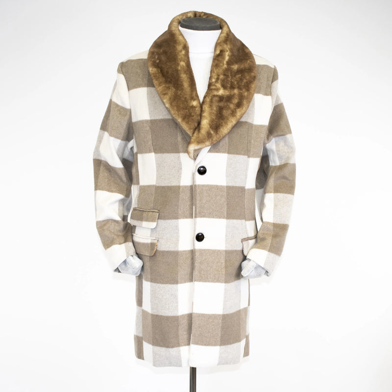 Tan Plaid Single-Breasted Overcoat With Fur Collar
