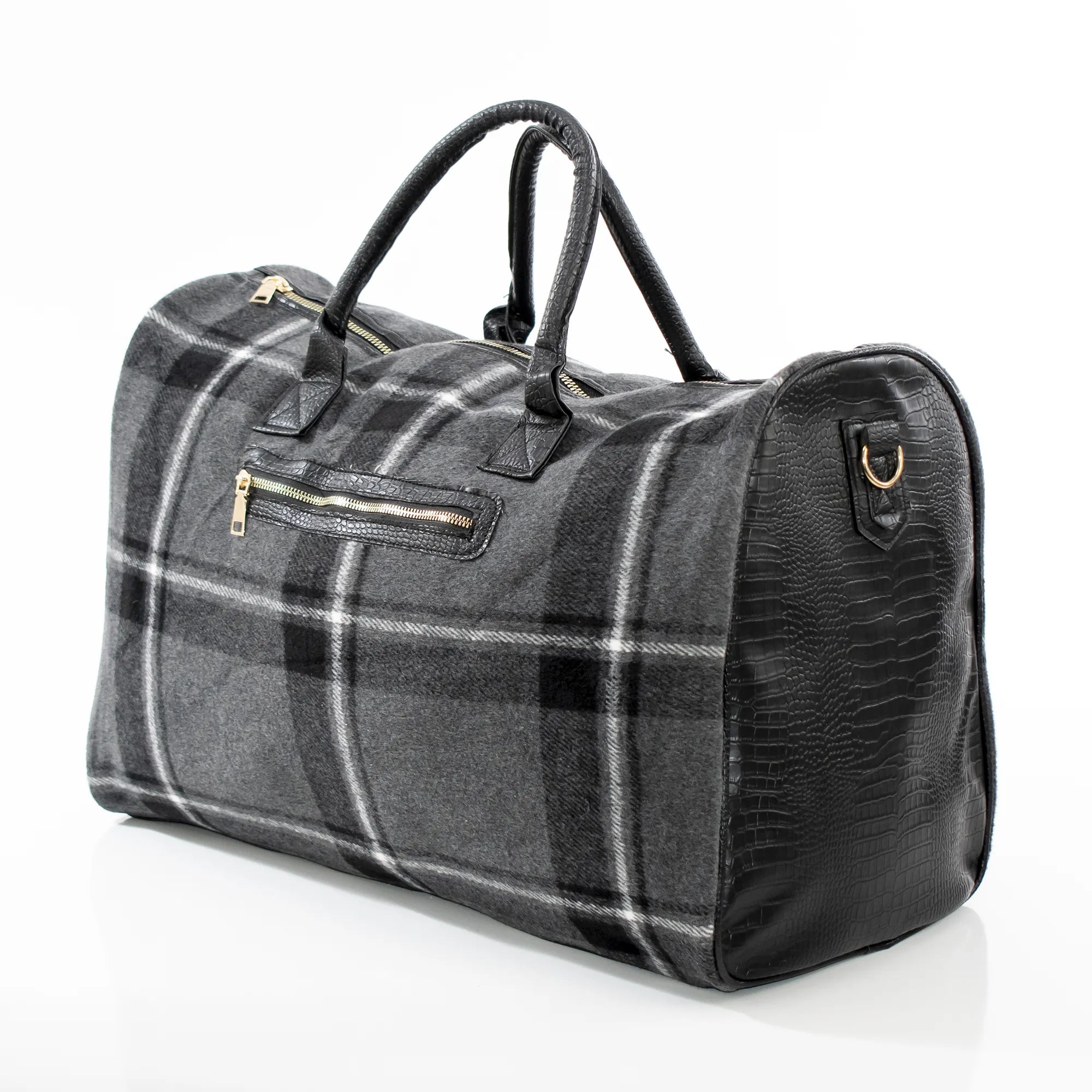 Black and Gray Plaid and Leather Travel Bag