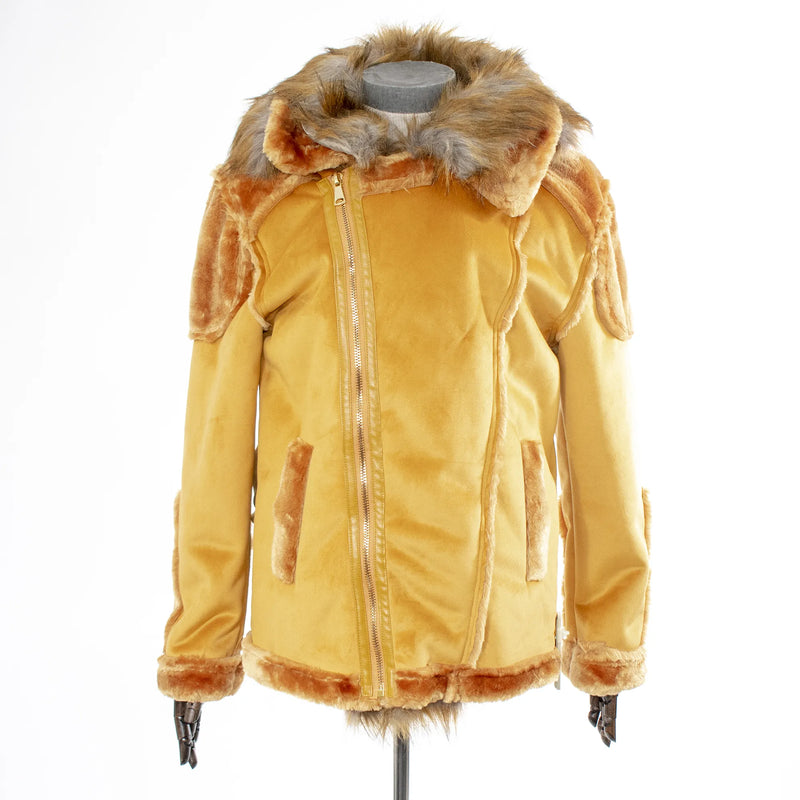 Camel Suede Hooded Overcoat With Fur Collar