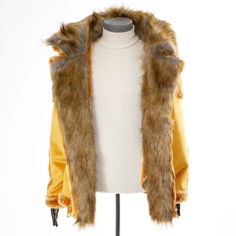 Camel Suede Hooded Overcoat With Fur Collar