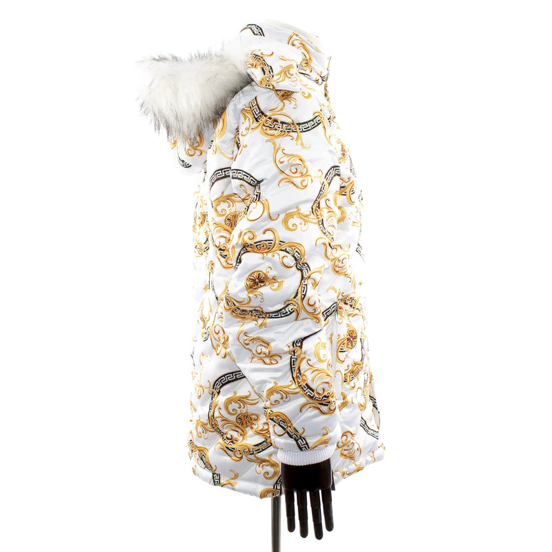 White Padded Zip-Down Jacket With Grecian Rings