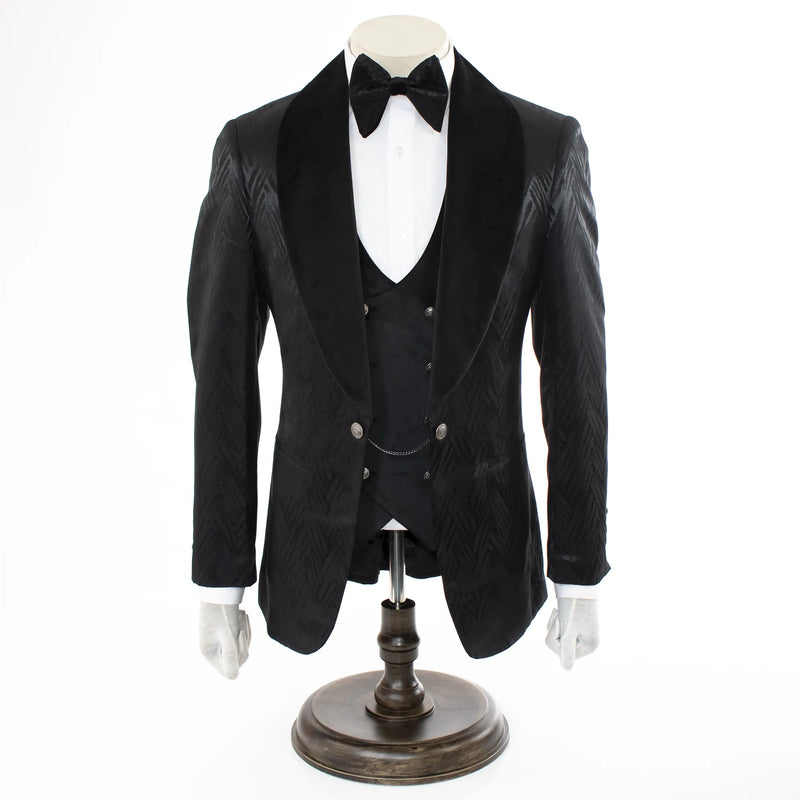 Black Scratched Herringbone 3-Piece Slim-Fit Tuxedo