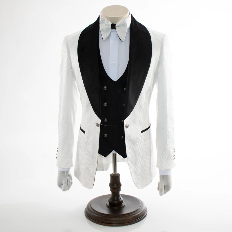 White Scratched Herringbone 3-Piece Slim-Fit Tuxedo