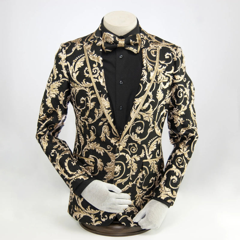 Black Golden Embroidered Baroque 2-Piece Slim-Fit Tuxedo