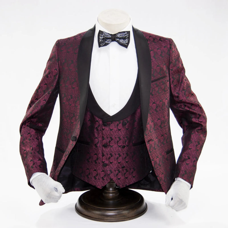 Men's Burgundy Paisley Slim-Fit Tuxedo Vest