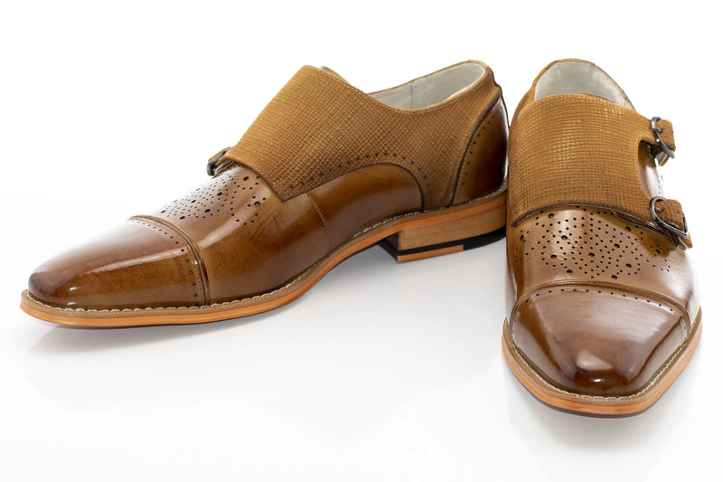 Tan Cap-Toe Monk Strap Dress Shoes