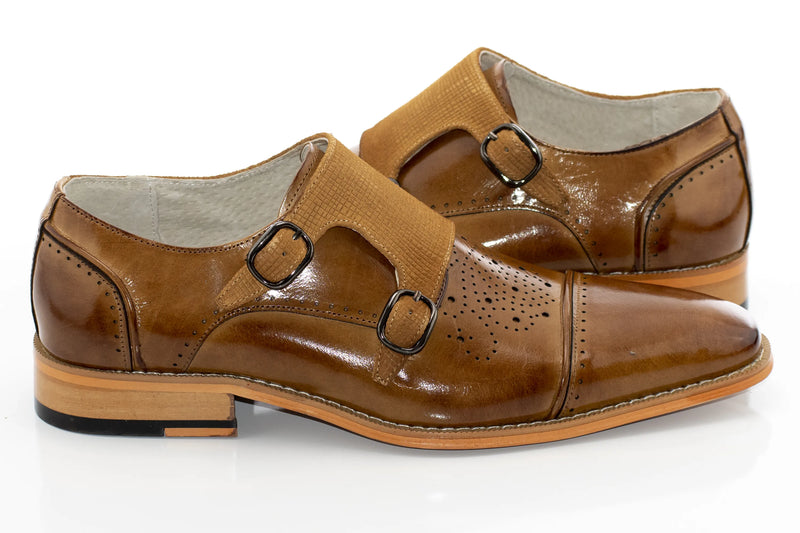 Tan Cap-Toe Monk Strap Dress Shoes