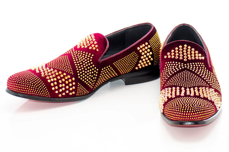 Men's Wine Purple And Gold Studded Spiked Dress Loafer