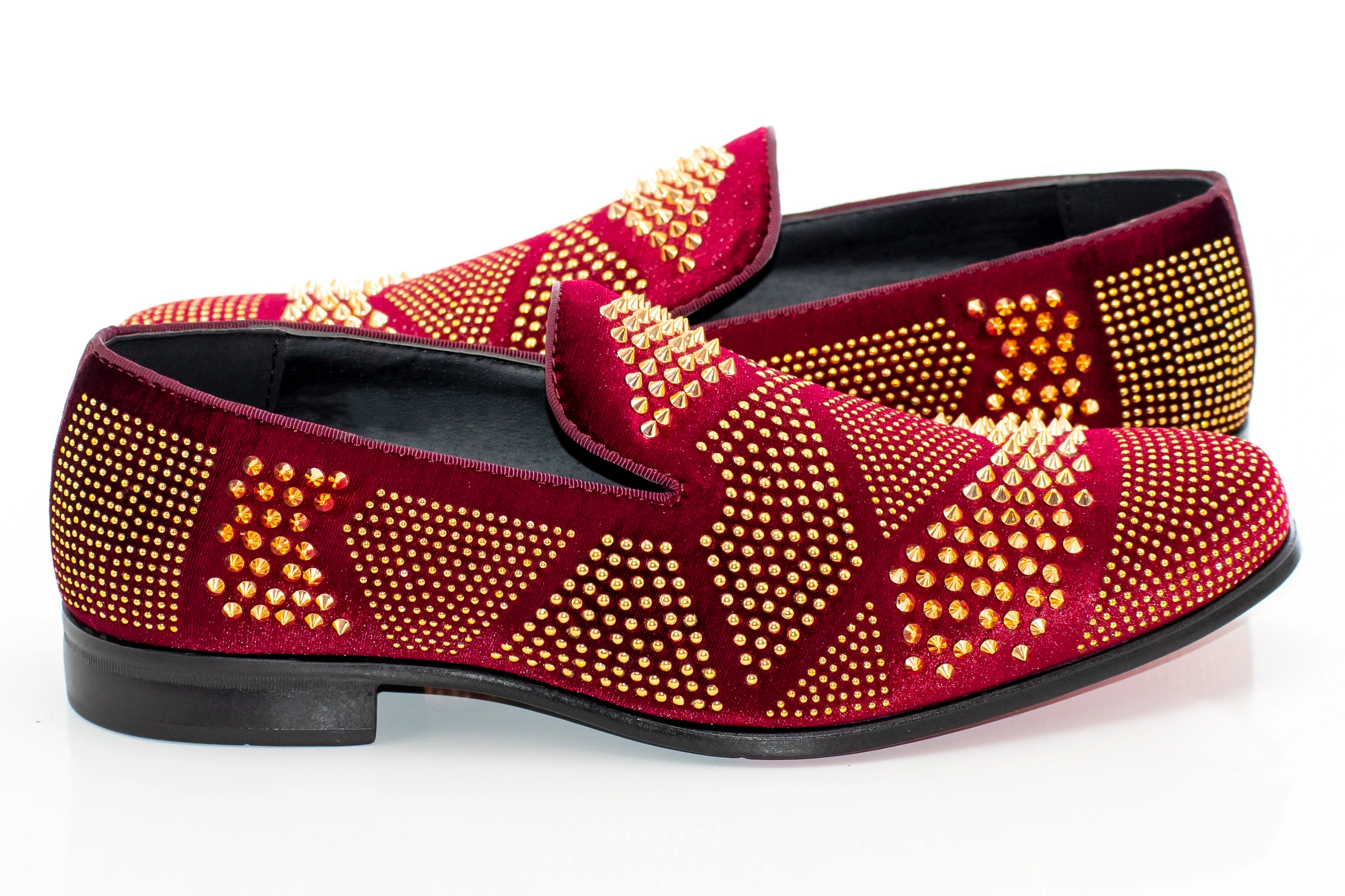 Men's Wine Purple And Gold Studded Spiked Dress Loafer