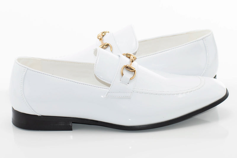 Men's White Patent Leather Bit-Loafer Dress Shoe - Quarter, Heel