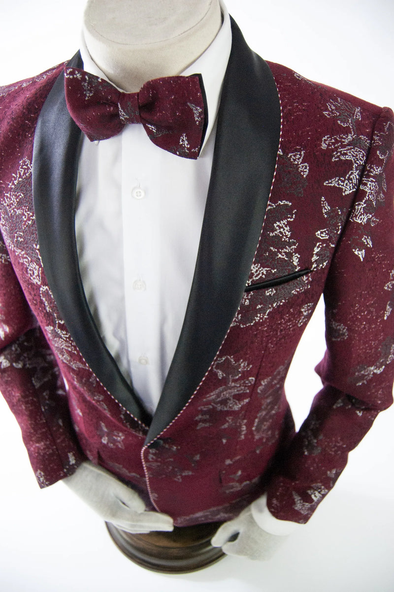 Burgundy Floral Jacket With Shawl Lapel